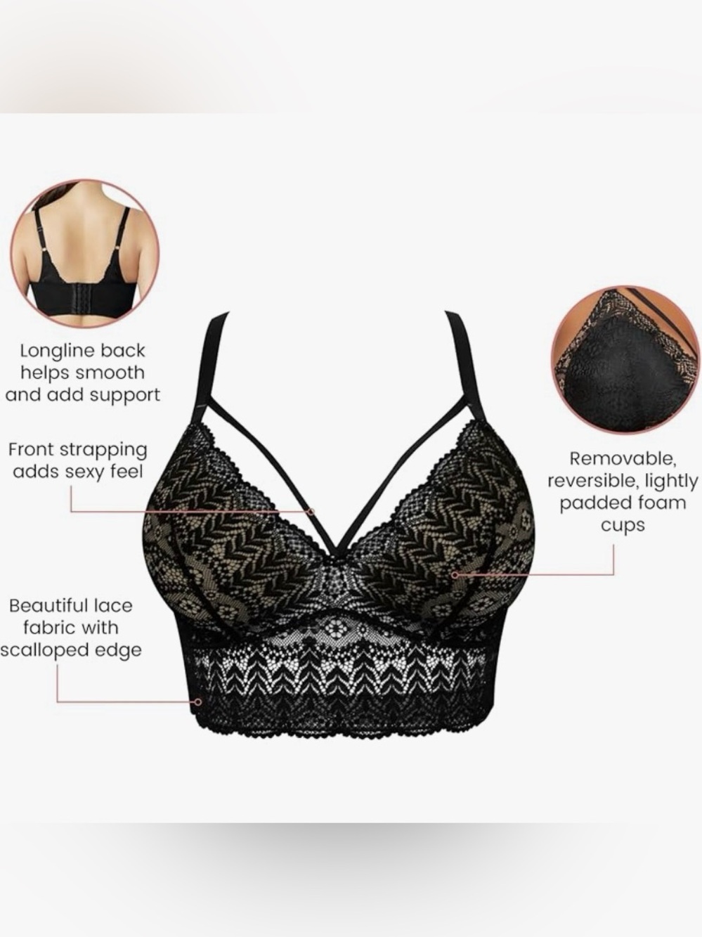 Parfait Mia Black Wire Free Lace Strapy Long Bralette Bra Size 34D - Picture 4 of 13